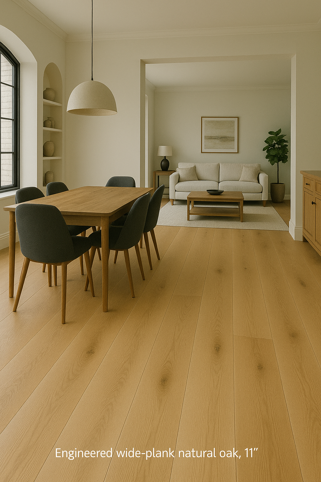 White Oak engineered flooring – 11-inch wide plank – #1 Grade – installed room view, mill-direct hardwood