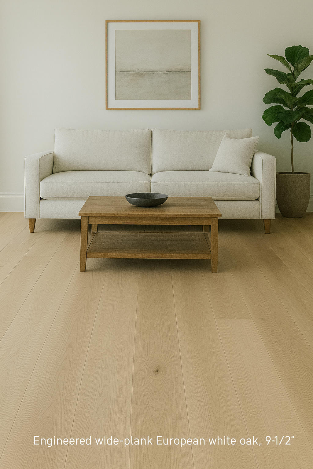 European White Oak engineered flooring – unfinished – select grade – installed room view, mill-direct hardwood, 3/4" thick