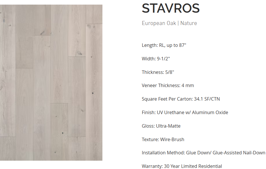 White Oak flooring – Stavros – product specifications sheet, engineered wide plank hardwood