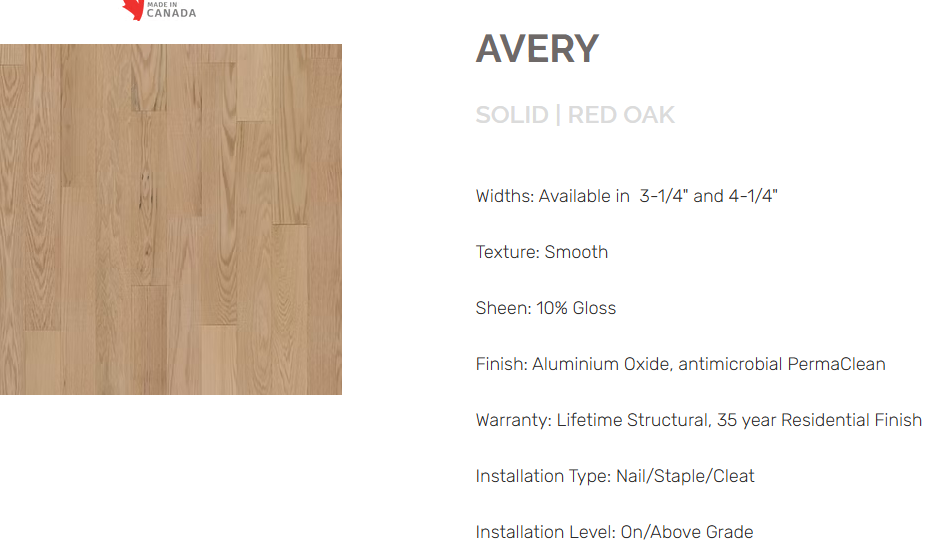 “Red Oak flooring – Avery – product specifications sheet, solid prefinished hardwood”