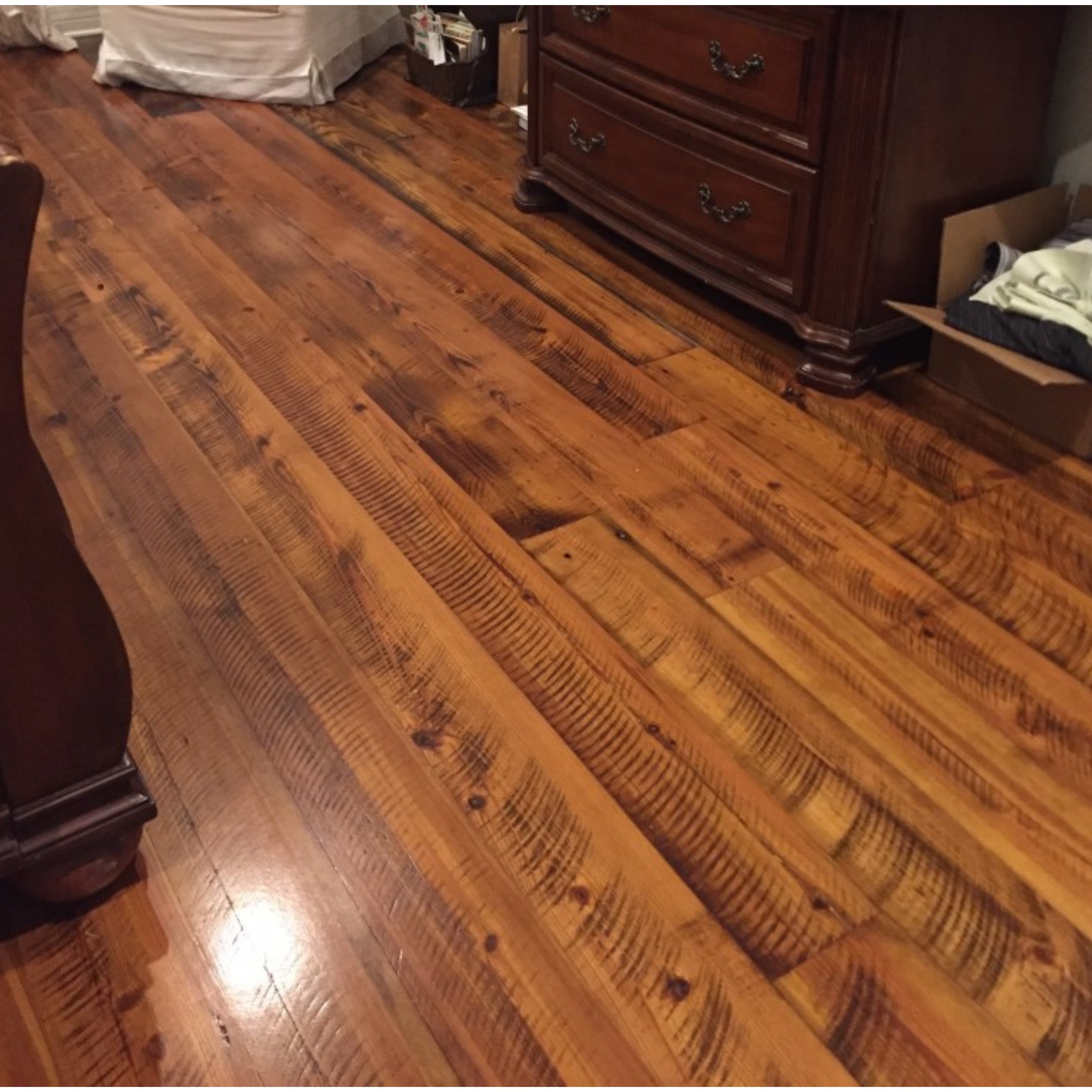 Waterproof Antique Heart Pine flooring — 100% solid wood for concrete slabs, basements, showers, and radiant heat. Thermally modified with just heat and steam