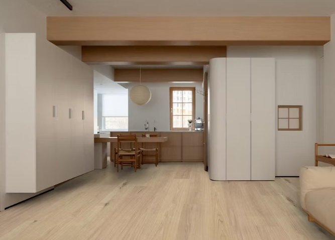 White Oak engineered flooring – 9.5-inch wide plank – Elbrus – installed living room view, light-character grade, mill-direct hardwood