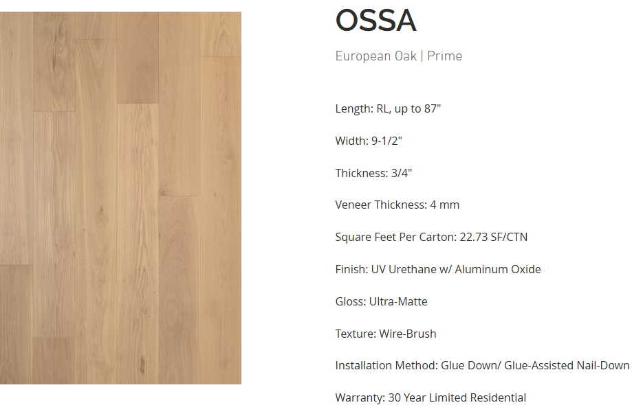 White Oak flooring – Ossa – product specifications sheet, engineered wide plank hardwood