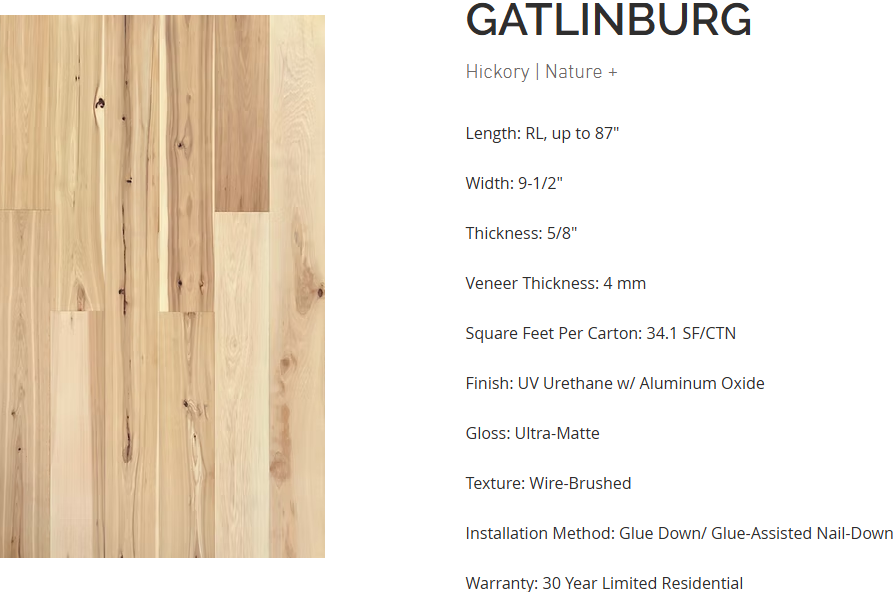 Hickory flooring – Gatlinburg – product specifications sheet, engineered wide plank hardwood