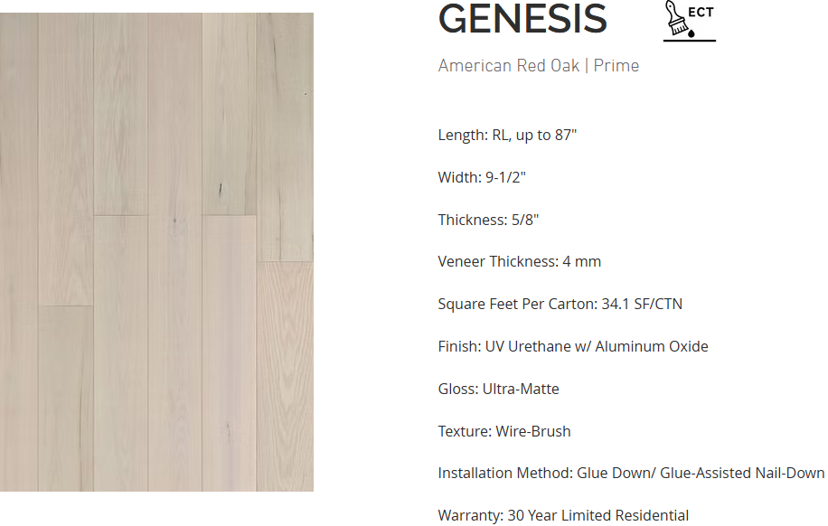 Red Oak flooring – Genesis – product specifications sheet, engineered wide plank hardwood