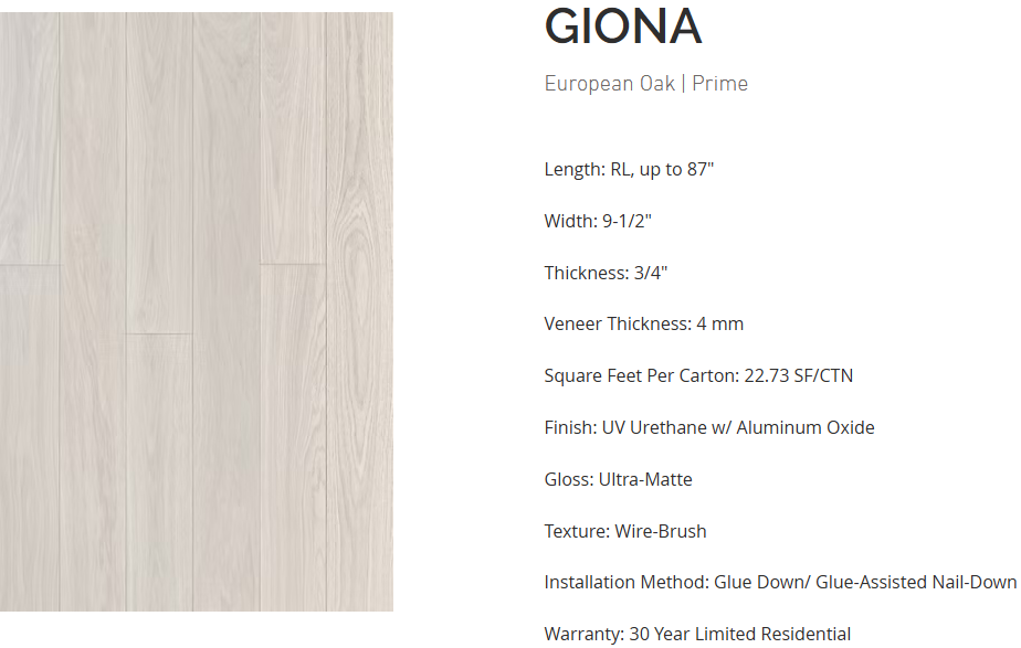 European White Oak flooring – Giona – product specifications sheet, engineered wide plank hardwood