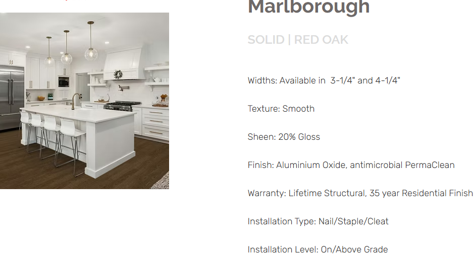 Red Oak flooring – Bouvet – product specifications sheet, solid prefinished hardwood