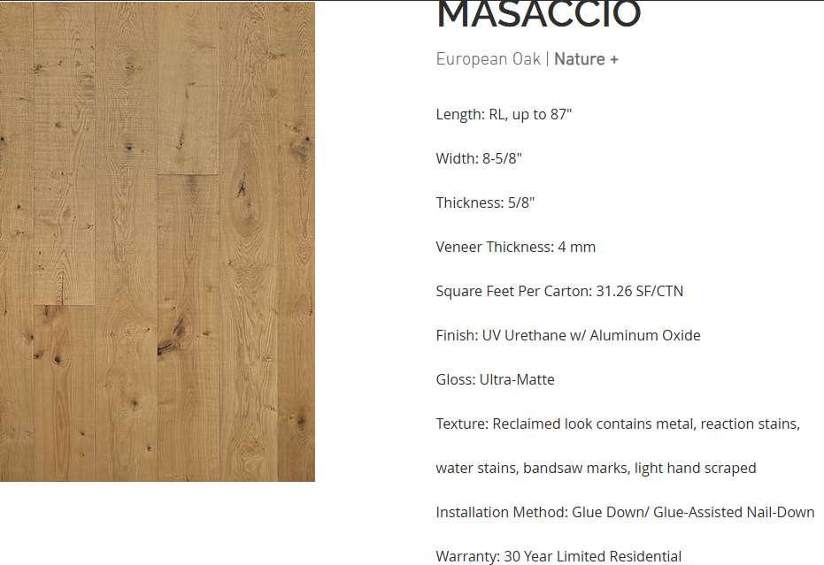 White Oak wide plank flooring – Masaccio – detailed grain and texture sample, engineered hardwood
