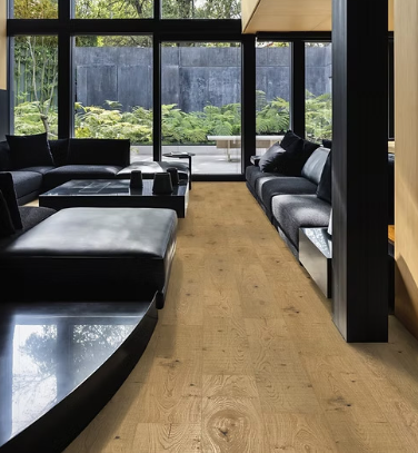 White Oak engineered flooring – 8.6-inch wide plank – Masaccio – installed dining room view, reclaimed-style mill-direct hardwood