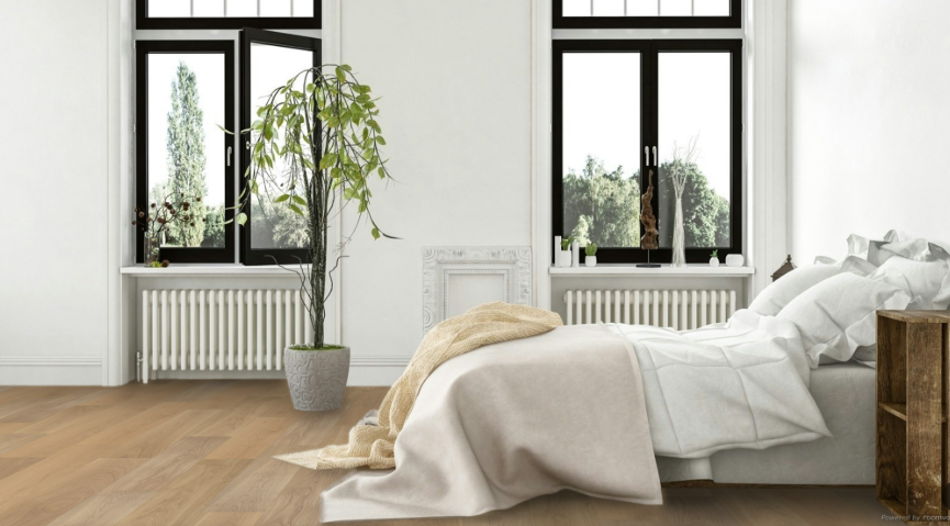 White Oak engineered flooring – 9.5-inch wide plank – Ossa – installed bedroom/living room view, mill-direct hardwood