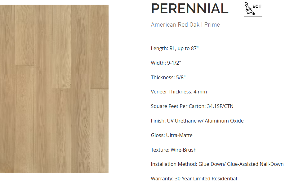 Red Oak flooring – Perennial – product specifications sheet, engineered wide plank hardwood