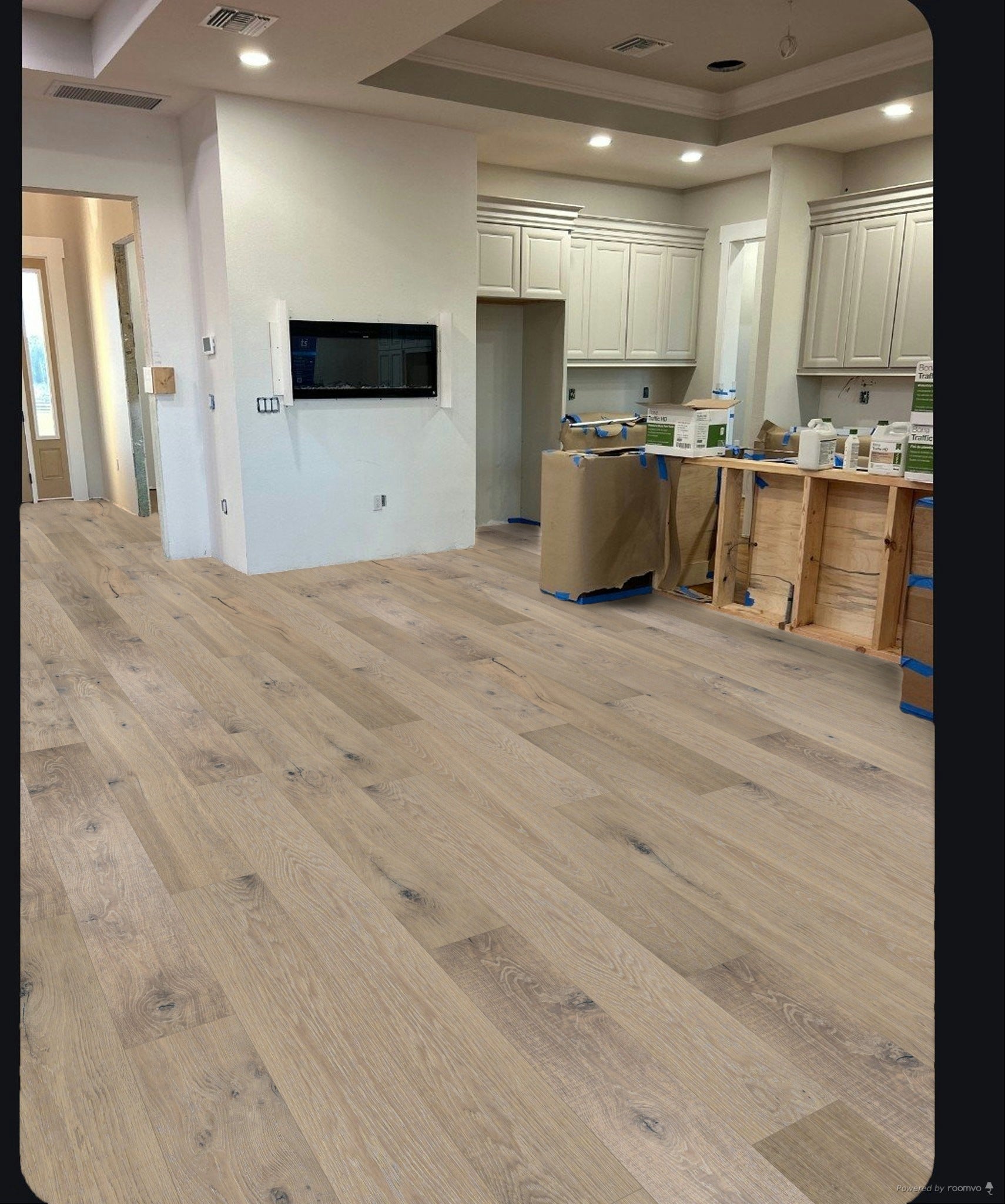 8.5 inch wide engineered White Oak flooring with subtle reclaimed character installed in a modern home