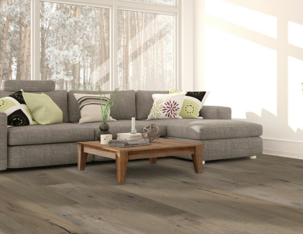 White Oak engineered flooring – 8.6-inch wide plank – Raphael – reclaimed-look installed living room view, mill-direct hardwood