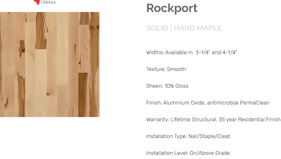 “Hard Maple flooring – Rockport – product specifications sheet, mill-direct solid prefinished hardwood”