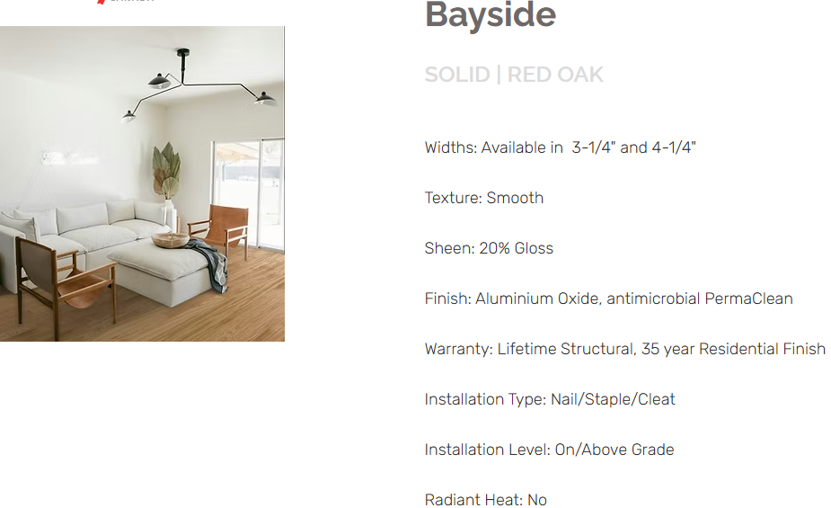 Red Oak flooring – Bayside – product specifications sheet, solid prefinished hardwood