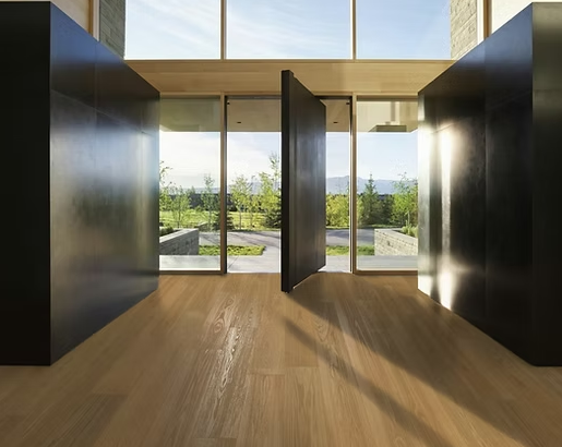 Red Oak engineered flooring – 9.5-inch wide plank – Perennial – installed modern room view, mill-direct hardwood