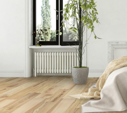 Hickory engineered flooring – 9.5-inch wide plank – Gatlinburg – installed living room view, mill-direct hardwood