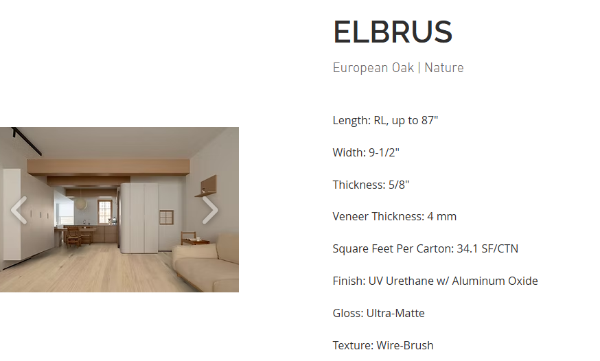 White Oak flooring – Elbrus – product specifications sheet, engineered wide plank hardwood