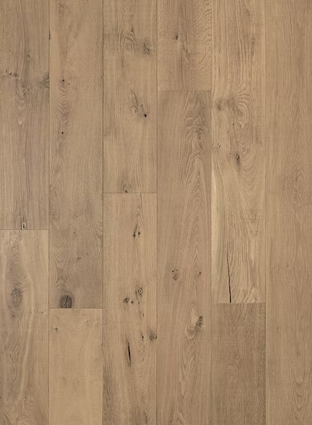 Vasari 8.5 inch wide engineered White Oak flooring with subtle reclaimed character installed in a modern rustic home, Close up view 