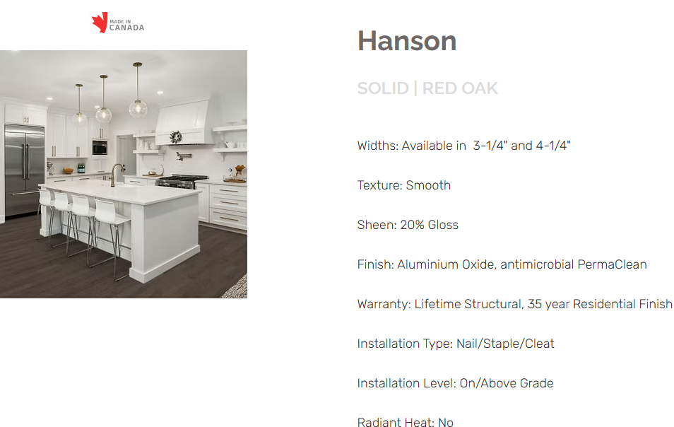 Red Oak flooring – Hanson – product specifications sheet, solid prefinished hardwood