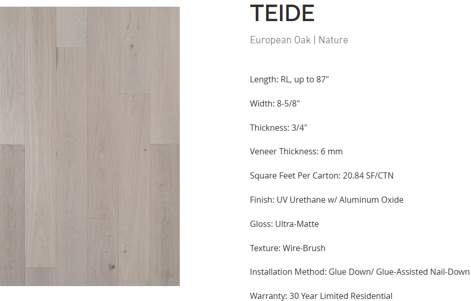 European White Oak flooring – Teide – product specifications sheet, engineered wide plank hardwood