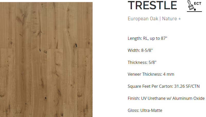 White Oak flooring – Trestle – product specifications sheet, Rustic Premium engineered hardwood