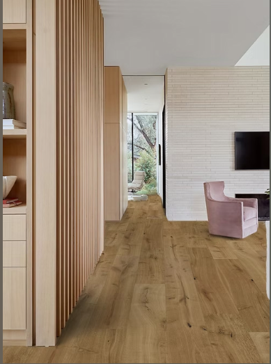 White Oak engineered flooring – Rustic Premium – Trestle – installed hallway/living view, mill-direct hardwood