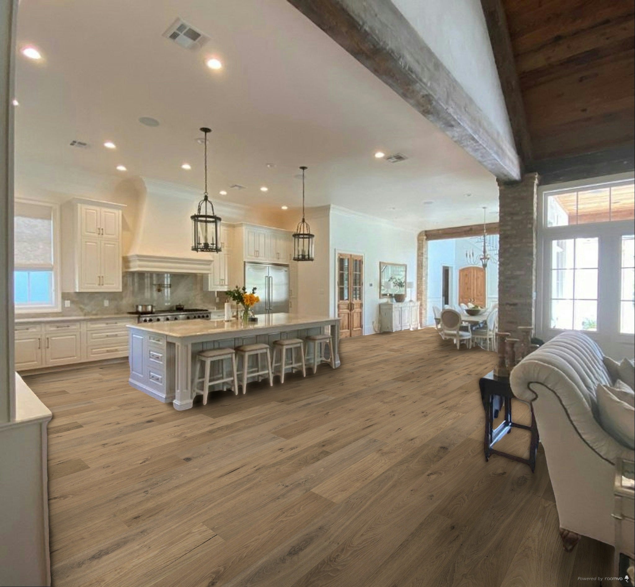 Vasari 8.5 inch wide engineered White Oak flooring with subtle reclaimed character installed in a modern rustic home