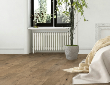 White Oak engineered flooring – 8.6-inch wide plank – Vasari – installed living room view, reclaimed-style mill-direct hardwood