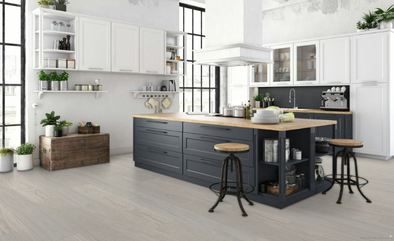 European White Oak engineered flooring – 3/4 inch thick – Giona – installed kitchen and living area view, mill-direct hardwood