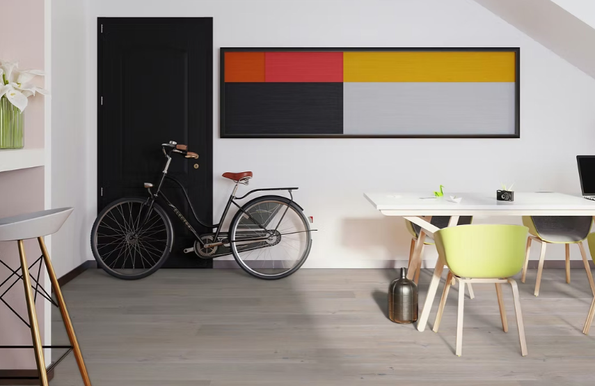 White Oak engineered flooring – 9.5-inch wide plank – Stavros – installed modern room view, mill-direct hardwood