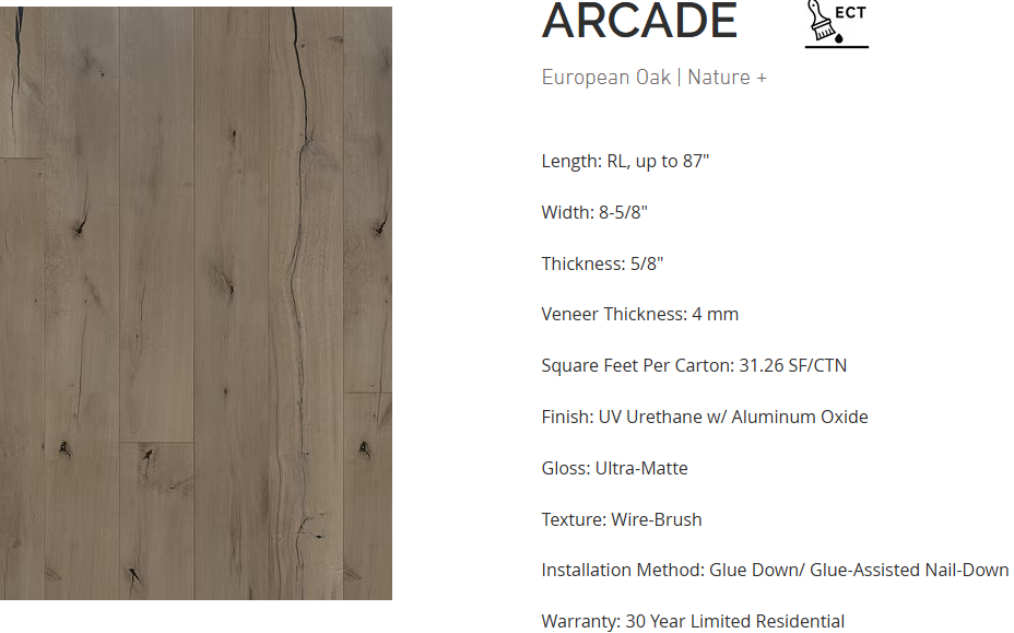 White Oak flooring – Arcade – product specifications sheet, Rustic Premium engineered hardwood
