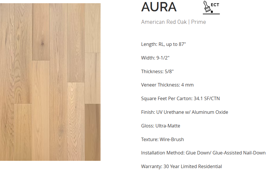 Red Oak flooring – Aura – product specifications sheet, engineered wide plank hardwood