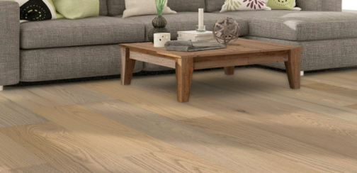 Red Oak engineered flooring – 9.5-inch wide plank – Aura – installed living room view, mill-direct hardwood