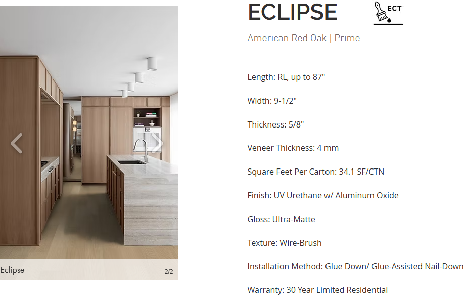Red Oak flooring – Eclipse – product specifications sheet, engineered wide plank hardwood