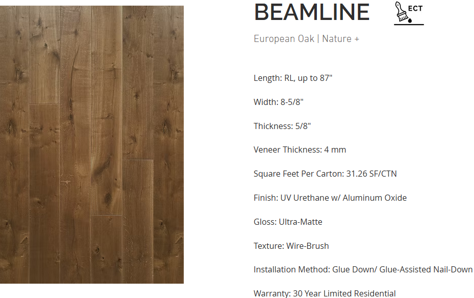 White Oak flooring – Beamline – product specifications sheet, Rustic Premium engineered hardwood
