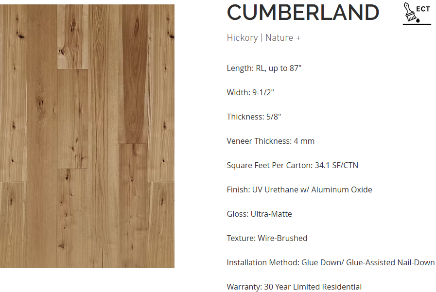 Hickory engineered flooring – 9.5-inch wide plank – Cumberland – installed dining room view, mill-direct hardwood
