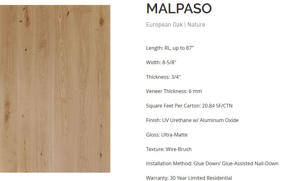 White Oak flooring – Malpaso – product specifications sheet, engineered wide plank hardwood
