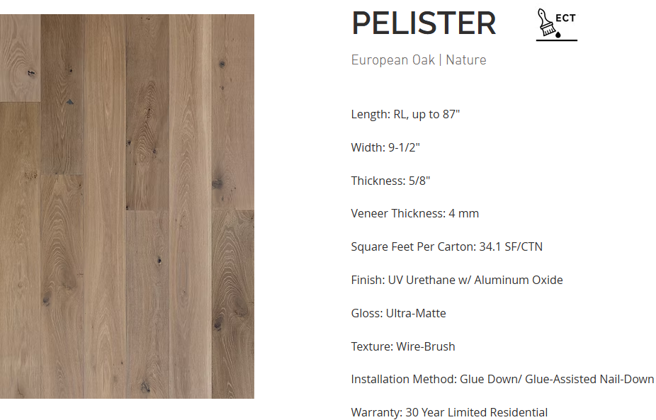 White Oak flooring – Pelister – product specifications sheet, engineered wide plank hardwood