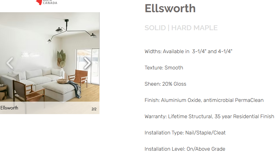 “Hard Maple flooring – Ellsworth – product specifications sheet”