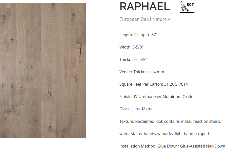 White Oak flooring – Raphael – product specifications sheet, reclaimed-look engineered wide plank hardwood