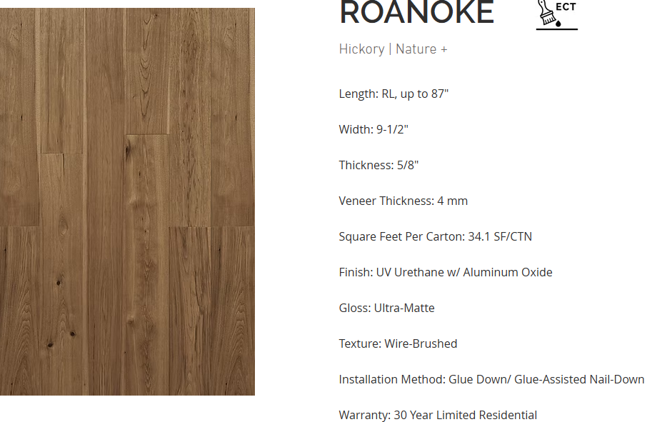Hickory flooring – Roanoke – product specifications sheet, engineered wide plank hardwood